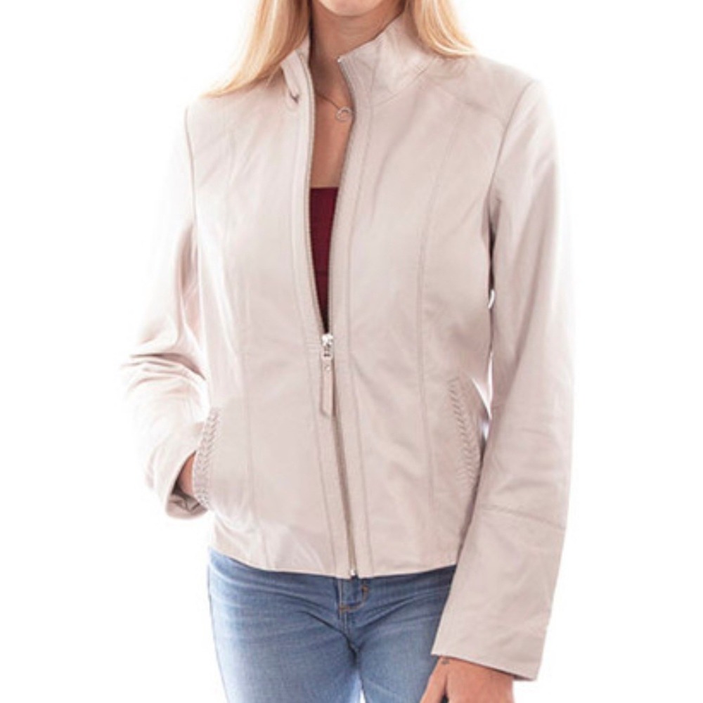 NWT Scully Beige 100% Leather Zip Front‎ Stand Up Collar Jacket Medium #WX13-15